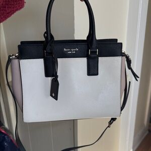 Kate Spade Cameron Medium Satchel Shoulder Tote Bag White Beige Black Leather